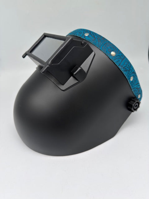 Outlaw Leather Sugar Scoop Welding Hood – Blue Floral Leather Flip-Up Pipeline Welding Helmet