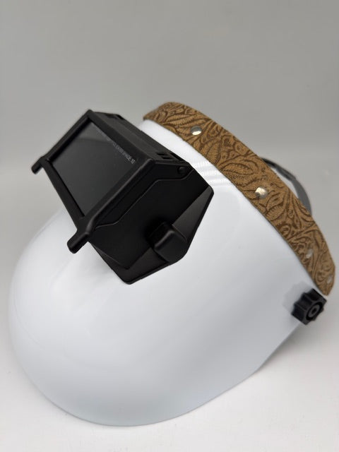 Outlaw Leather Sugar Scoop Welding Hood – Brown Floral Leather Flip-Up Pipeline Welding Helmet
