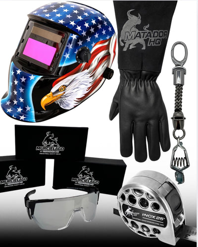 Beginner Welding Starter Kit – Auto Darkening Hood (Shade 8–13) + Gloves, Safety Glasses, Tape Measure & Glove Clip | MIG, TIG, Stick & Flux Core Ready