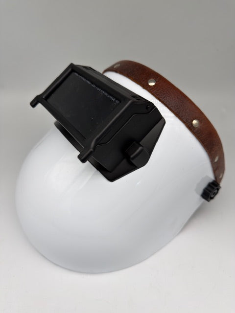 Outlaw Leather Sugar Scoop Welding Hood – Brown Leather Flip-Up Pipeline Welding Helmet