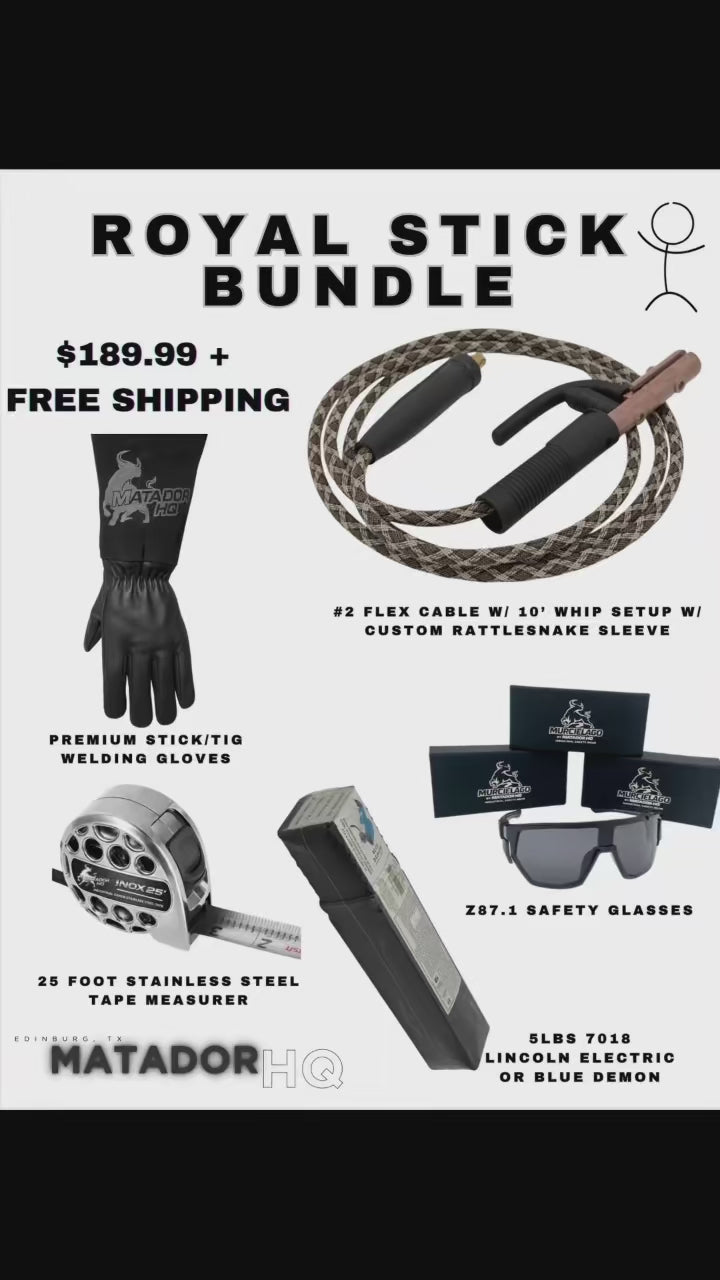 Load video: Royal Stick Welding Bundle Kit – #2 Flex Cable Whip Setup, 7018 Rods, Welding Gloves, Safety Glasses &amp; Tape Measurer